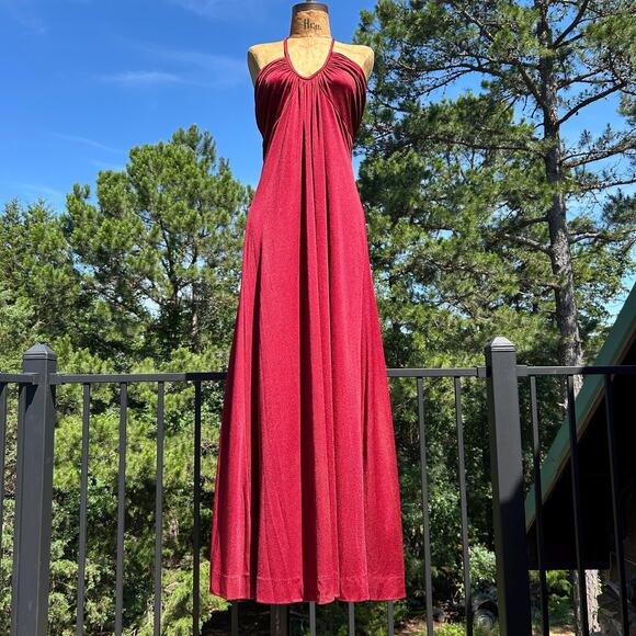 Vintage Dresses & Skirts - Vintage 70s Rusty Red Draped Gathered Grecian Empire Waist Flowy Maxi Dress S
